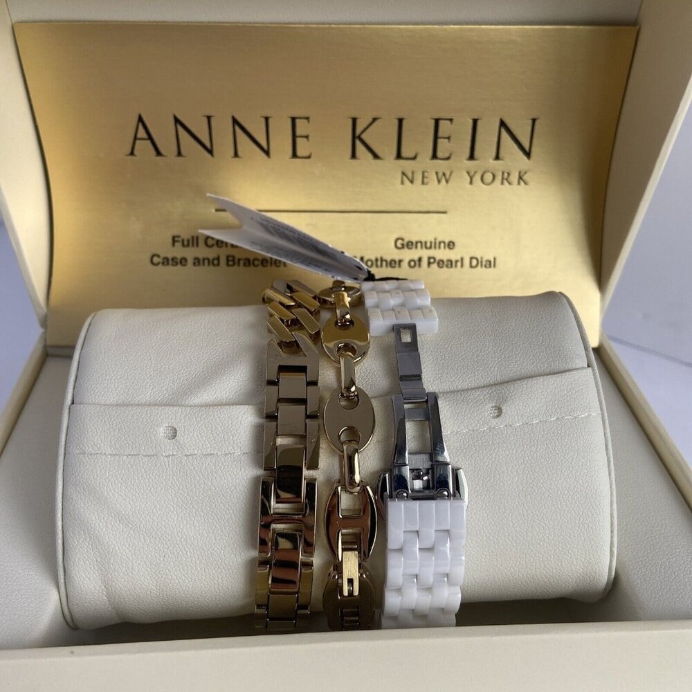 Anne Klein Ladies 12/7740WTST White Ceramic Watch w/ 2- Gold Tone SS Bracelets - Picture 7 of 11